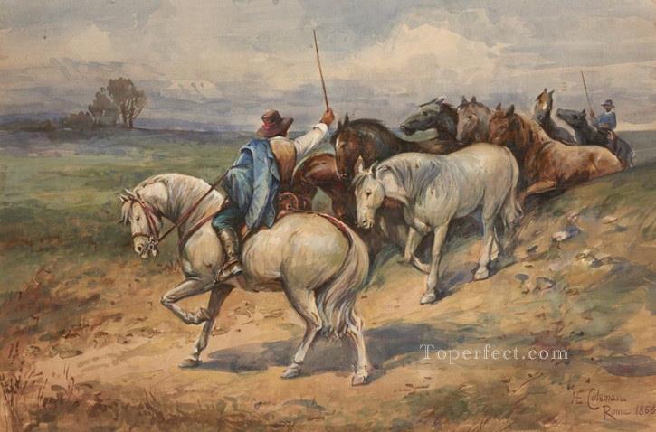 Reuniendo caballos en Italia género Enrico Coleman Pintura al óleo